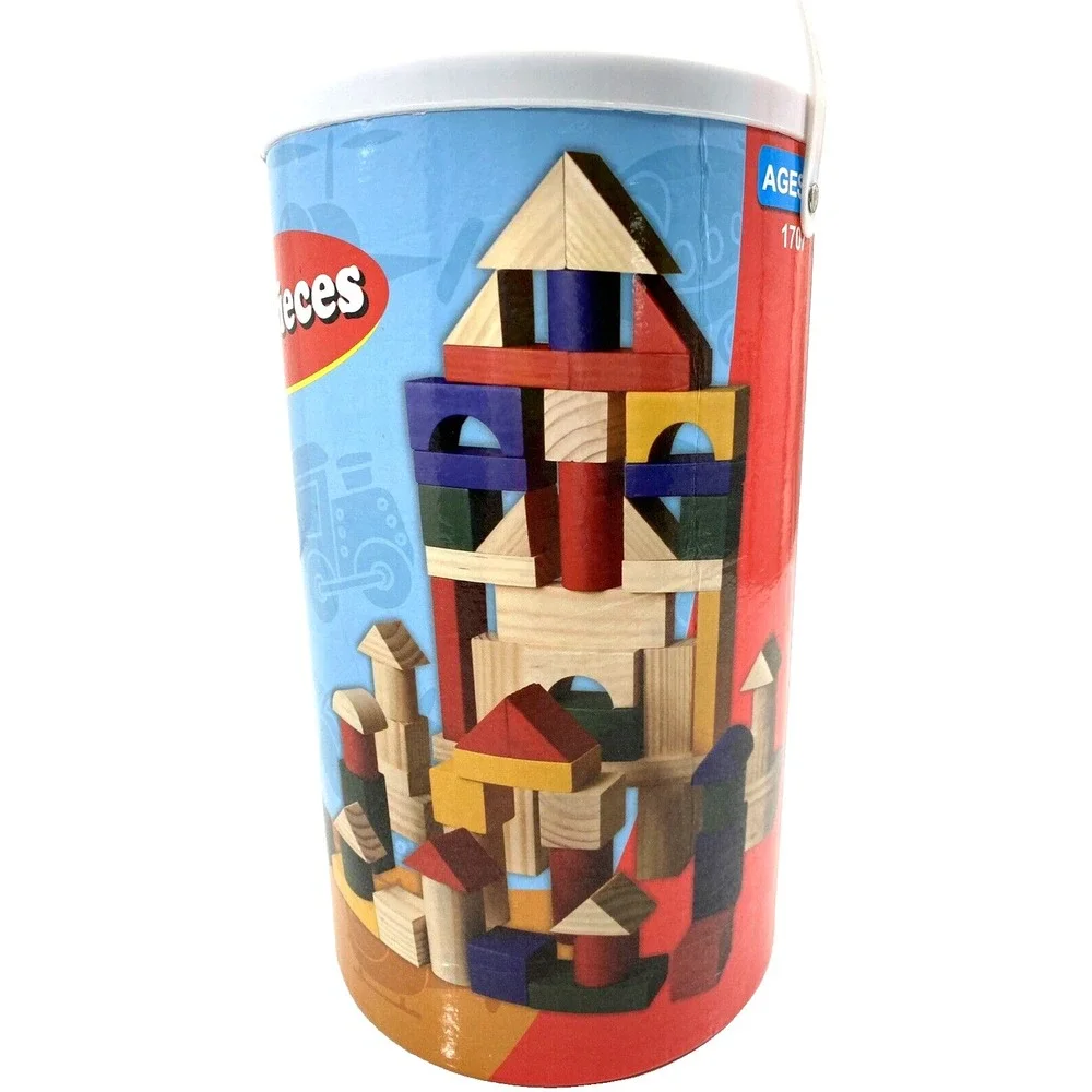 Wooden Building Blocks Set of 100 Various Colors and Shapes and Storage Canister